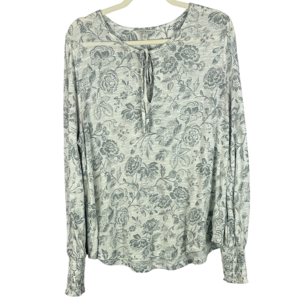 Lucky Brand White Gray Floral Cotton Modal Blend Long Sleeve Peasant Blouse
